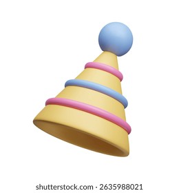 ícone de vetor estilo 3D de chapéu de cone de aniversário listrado. Bonito estilo desenho animado amarelo cone cap com listras coloridas e pom pom top. Feliz aniversário comemoração aniversário festivo decoração feriado 3D render.