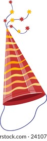 Striped birthday party hat with stars and tassel. Festive cone for celebration and parties. Happy birthday decoration and fun accessory vector illustration.