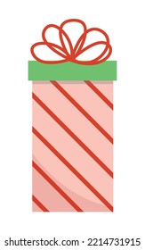 Striped Birthday Present Box With Red Bow. Bday Pink Gift Box. Flat, Cartoon. Isolated Vector Illustration Eps 10