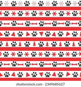 Striped black and red pattern with paw prints. Christmas design seamless fabric pattern