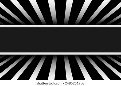 Striped black and white background, 3d symmetrical dynamic background with a banner in the middle, vector illustration.