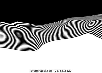 Corte de fluido preto e branco listrado. Fundo moderno abstrato com formas psicodélicas onduladas. Eps 10