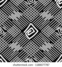 Striped black and white tribal vector seamless pattern. Monochrome abstract greek key background.  Tribal geometric ornament with stripes, lines, zigzag, grid, doodle meanders. For textile, printing