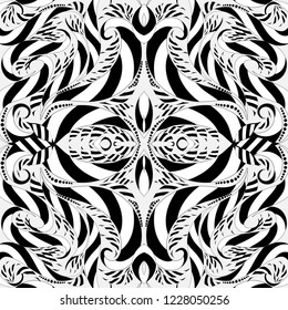 Striped black and white vector floral seamless pattern. Monochrome ornamental abstract background. Repeat decorative hand drawn ornament. Elegance design for textile, prints, fabric.