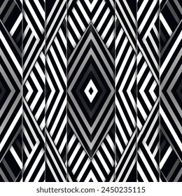 Striped black and white zigzag 3d seamless pattern. Vector geometric zig zag lines and stripes abstract background. Decorative modern zigzag ornaments.  Endless ornate striped texture. Repeat backdrop