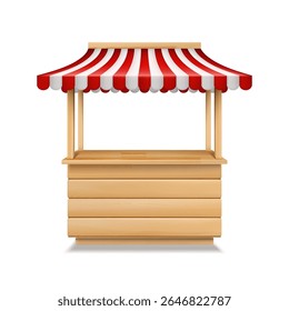 Barraca de mercado em branco listrada ou loja de toldos de mercado de quiosque isolada. Modelo de vaga do mercado móvel. Ilustração vetorial Eps 10.