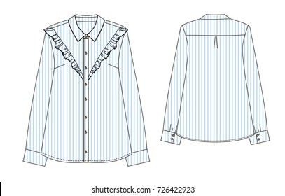 striped  blouse with Ruffels with long sleeve. Fashion Illustration back and front part technical sketch
