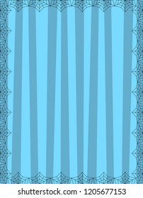 Striped blue background with cute vertical stripes framed with spider coweb. Vector background, Halloween invitation, banner, poster or greeting card template with empty copy space for text.