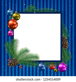 Ð¡hristmas striped blue background with fir branches and decorations