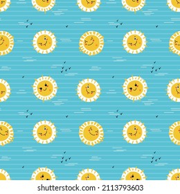 Striped Blue Sky Childish Background with Cute Sun Faces. Happy Sunshine Doodle Emoji Seamless Pattern. Summer Wallpaper for Kids Vector illustration