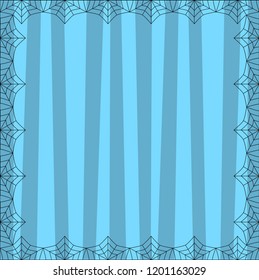 Striped blue square background with cute vertical stripes framed with spider cobweb. Vector background, flyer, Halloween invitation or greeting card template with empty copy space for text.
