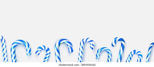 Striped blue and white candy cane sticks. Space for text. Vector illustration.
