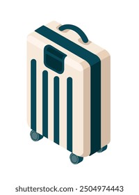 Striped blue and white hard-shell suitcase with wheels. Isometric style luggage. Vector illustration isolated on white background.