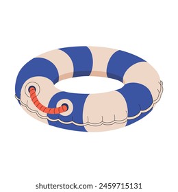 Striped blue and White Lifebuoy With Rope. Summer pool rubber ring. Swim ring on white background. Inflatable rubber water and beach. Practice water safety. Vector flat illustration.