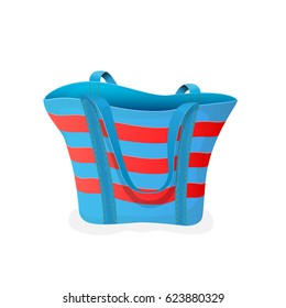 Striped blue-and-red bag, empty beach bag isolated on white background, illustration.