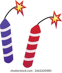 Striped bombs firecrackers, blue and red, with burning fuse. Independence Day of the USA. Firecracker equipment. Symbol of patriotism. Vector illustration. Flat icon.