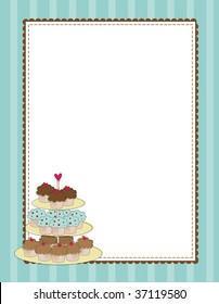 A striped border with a tiered tray of cupcakes