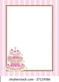 A striped border with a tiered tray of cupcakes