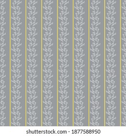 Striped botanical seamless vector pattern in gray and yellow. Surface print design for fabrics, stationery, scrapbook paper, gift wrap, home decor, textiles, wallpaper, and packaging.