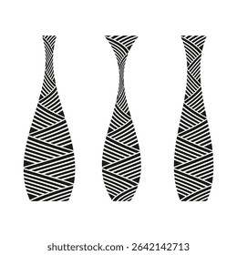 Striped bottle icons. Tall curved shapes. Vector vase figures. Decorative pattern form.