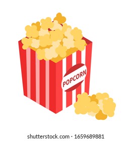 Contenedor de caja a rayas con deliciosos palomitas en 3d ilustración sobre fondo blanco. EPS 10
