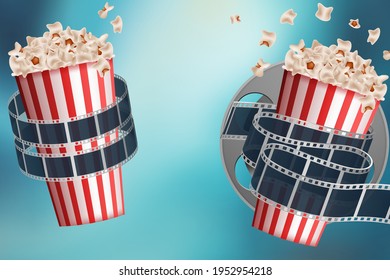 Striped box container with delicious popcorn in 3d illustration