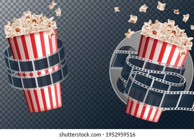 Striped box container with delicious popcorn in 3d illustration