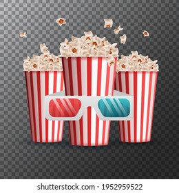 Striped box container with delicious popcorn in 3d illustration