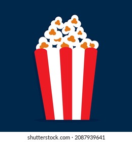 Striped box container with white fluffy popcorn isolated on dark blue background. Flat style vector illustration. Fast food concept