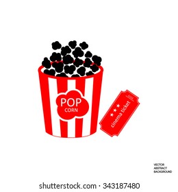 Striped box. Popcorn. Cinema tickets.  Entertainment.