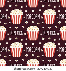 striped box of popcorn and lettering, seamless vector pattern on dark background