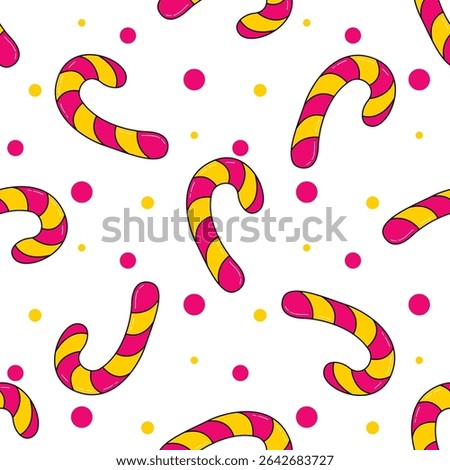 Striped bright candy cane seamless pattern. Colorful pink yellow caramel background. Yummy sweets print, vector graphic