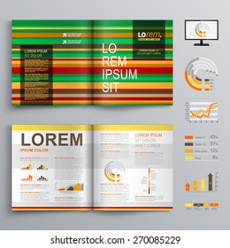 Striped brochure template design with red and green lines. Cover layout and infographics