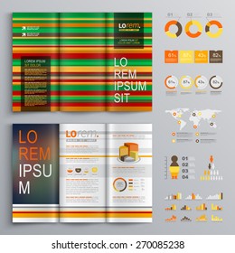 Striped brochure template design with red and green lines. Cover layout and infographics