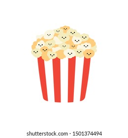 Striped bucket full of cute little popcorn characters cartoon vector illustration.