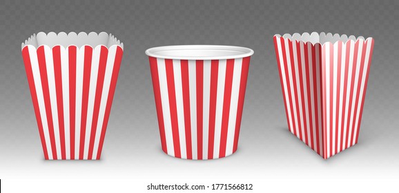 Striped bucket for popcorn, chicken wings or legs mockup isolated on transparent background. Empty red and white stripy pail fastfood, paper hen bucketful, food box render Realistic 3d vector mock up