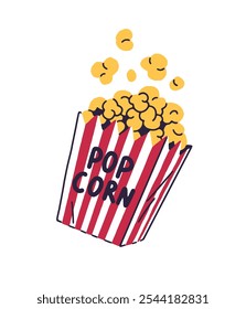 Striped bucket of salty popcorn icon. Patterned paper box of tasty pop corn for watching movies. Pack of snack, bag of fast food in cinema. Flat isolated vector illustration on white background