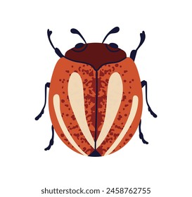 Bicho rayado. Insectos de verano, plagas, especies de fauna ficticia. Icono de escarabajo de la papa de Colorado con manchas y patas, vista superior. Ilustración vectorial gráfica plana aislada sobre fondo blanco