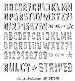 Striped and bulging fonts drawn by hand. Original alphabet in a sketch style.