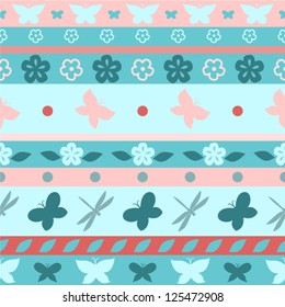 Striped butterfly blue and pink seamless background, vector