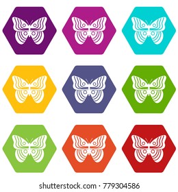 Striped butterfly icon set many color hexahedron isolated on white vector illustration