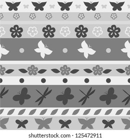 Striped butterfly seamless pattern in shades of grey, vector