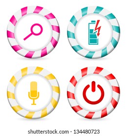 Striped button designs with various icons and symbols