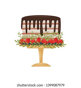 Striped cake with dripping chocolate coating. Decorated with strawberries and blueberries. Vector illustration on white background.