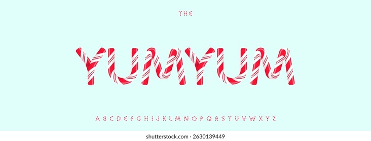 Striped candy alphabet, playful sweet letters, festive holiday font for joyful food branding, cheerful headline, whimsical typography, seasonal typographic design. Vector typeset