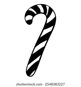 striped candy cane, a classic Christmas and holiday symbol. It has a curved top and alternating black-and-white stripes in a simple style.