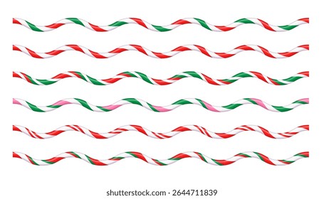Decoração de férias de cana de doce listrado.6 opções de design de Natal. Quadro decorativo com padrão pirulito. Modelo de escova para Natal e Ano Novo. Ilustração vetorial sobre fundo branco.