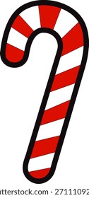 Striped candy cane icon with red and white colors. Represents Christmas sweets, treats, and holiday decorations.