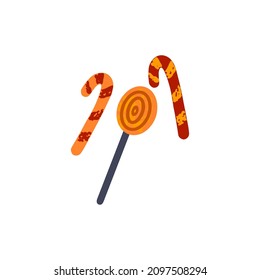 Striped candy cane and lollipop. Halloween sweets composition. Lollypops, sugar snacks. Candycane and lolly pop. Flat vector illustration of confectionery isolated on white background