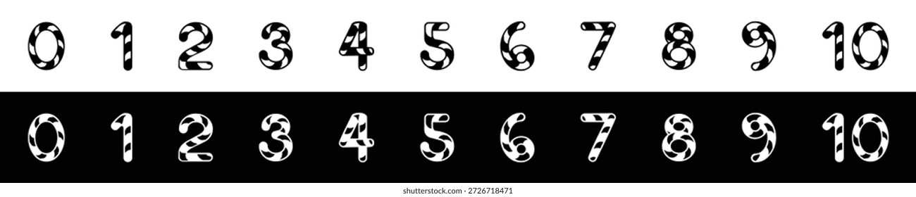 Conjunto de números de bastón de caramelo a rayas 0-10 con Vector de patrón blanco y negro.